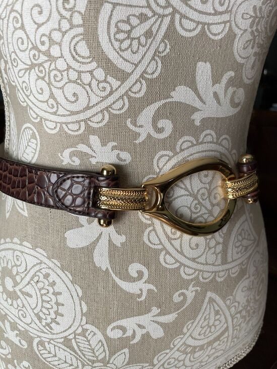 Brown Croc Embossed Leather Belt Gold Buckle Boho Safari Adjustable Size S-L main image 4